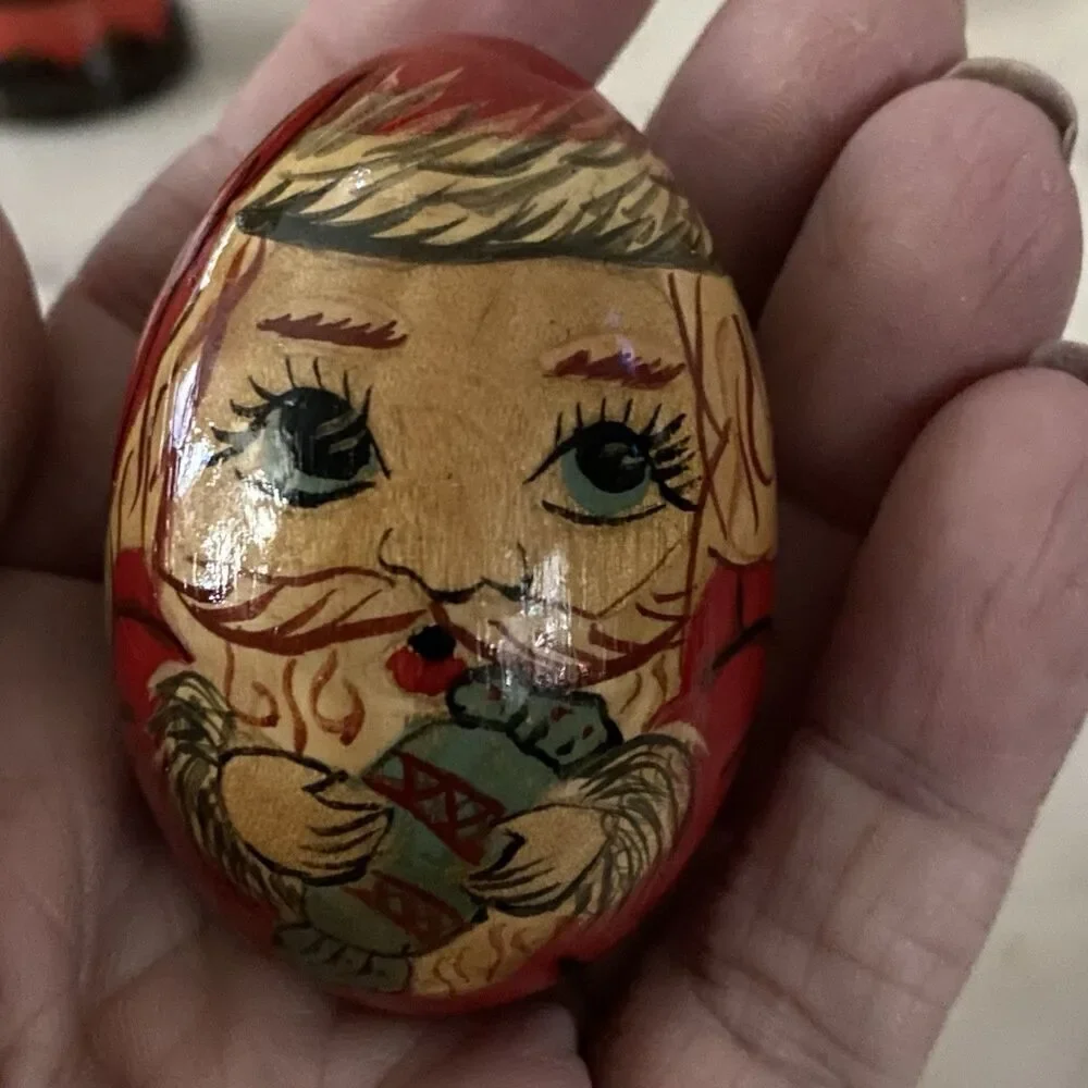 Vintage Hand Painted Wood Egg Folk Art Santa Claus St Nikolas European Set of 3